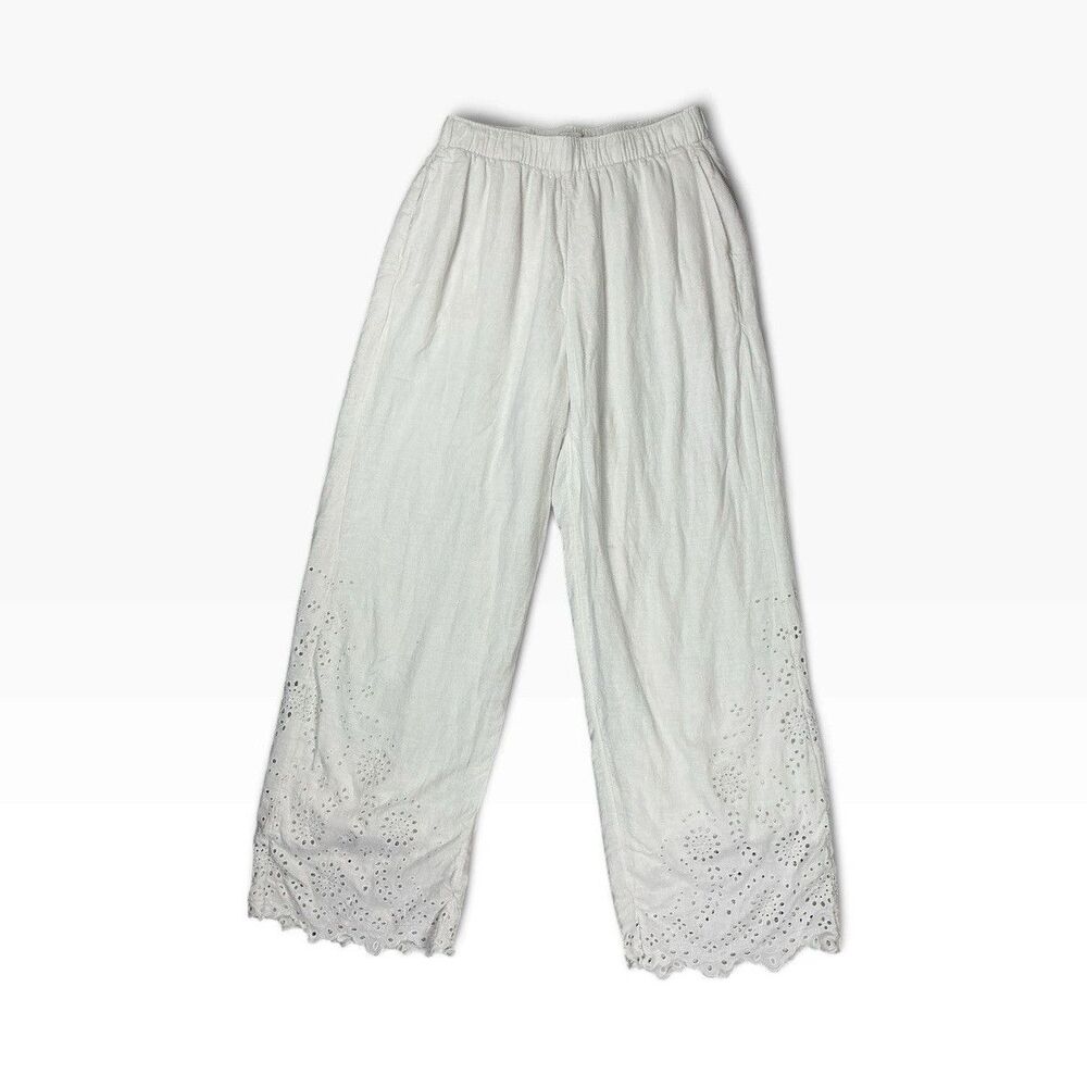Abercrombie & Fitch Women's White 55% Linen Eyelet Wide-Leg Pants M
